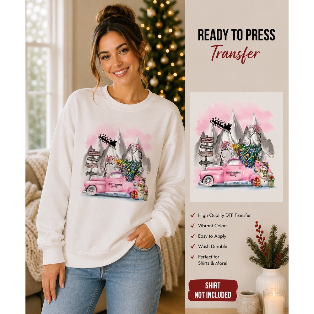 DTF Transfer Ready to Press Pink Christmas Truck - Iron on Transfer